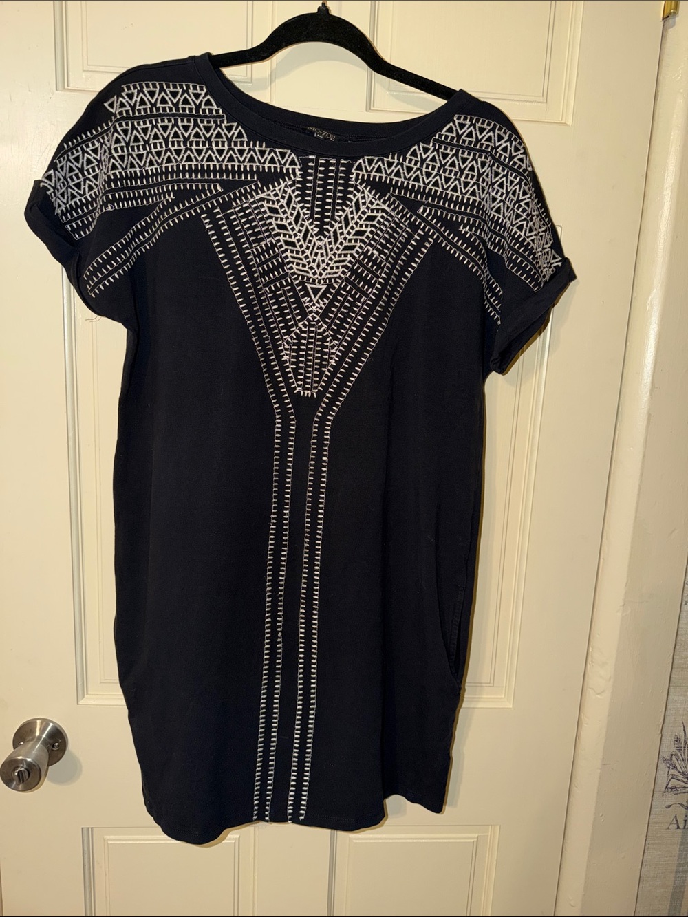 NIC+ZOE Black Dress with White Geometric Embroidery